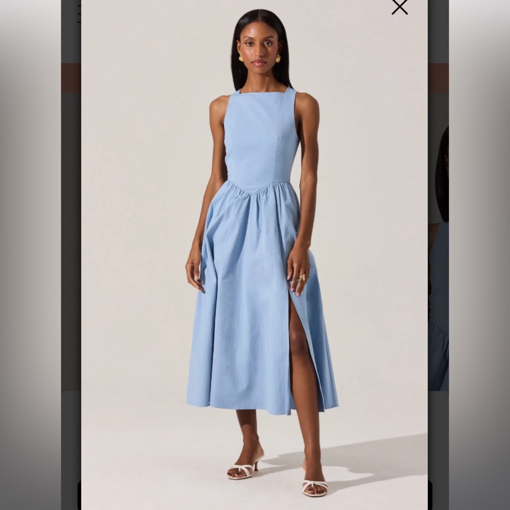 Astr Blue Bow Back Apron Midi Dress